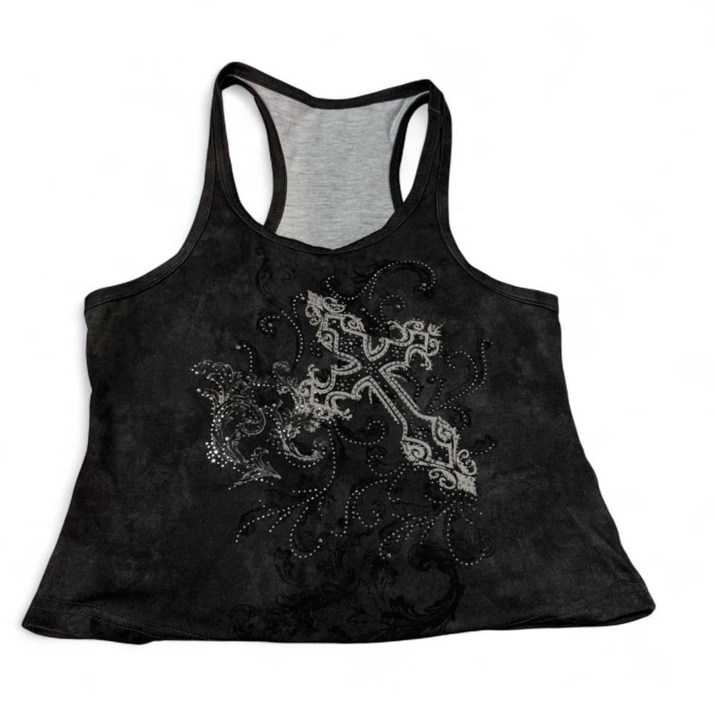 Black & grey rhinestone cross tank top